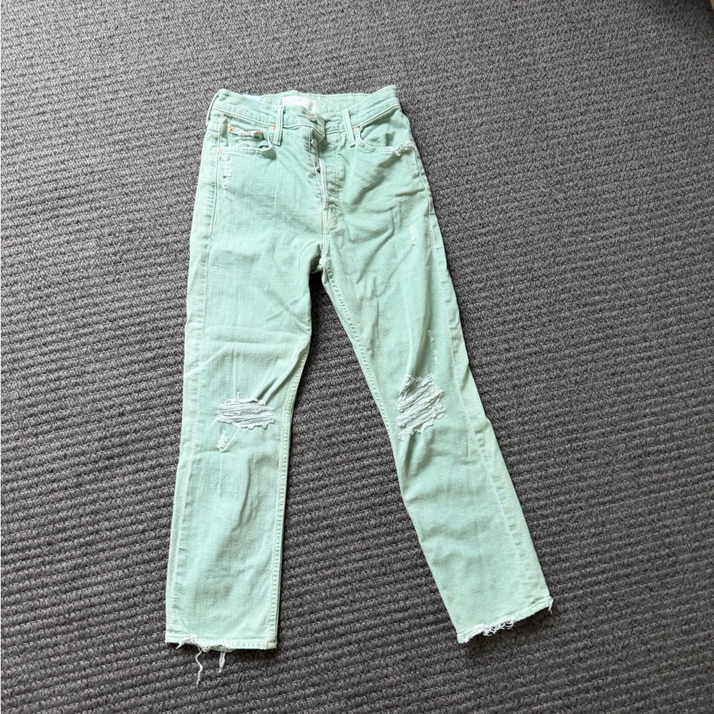 MOTHER Mint Green Jeans with Distressed Details